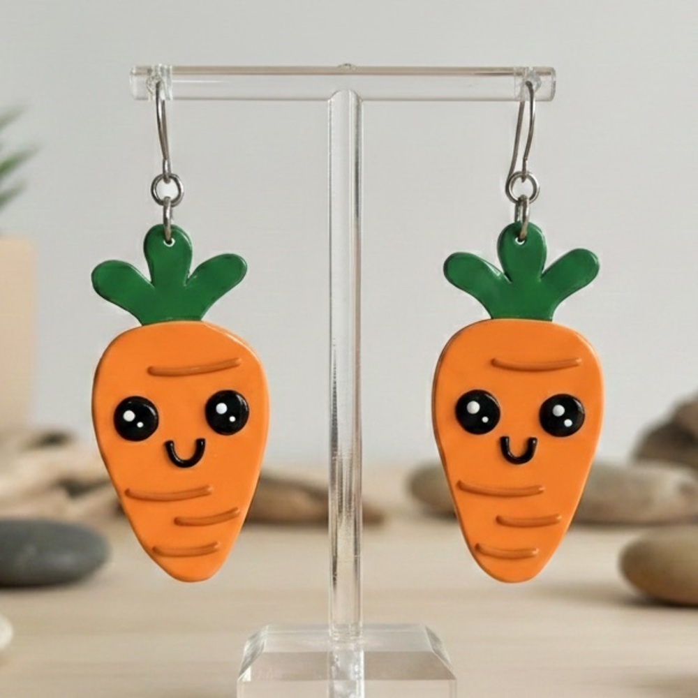 Smiley Carrot Dangle - Handmade Earrings - Easter & Spring Jewelry - Orange
